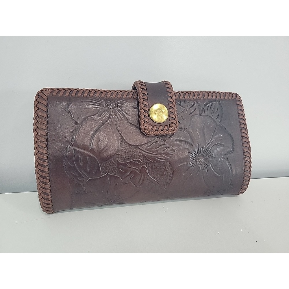 Vtg Wallet Brown Leather Hand Tooled Floral Pattern Organizer Billfold Checkbook